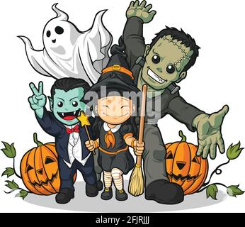 Halloween Monster Cartoon Witch Vampire Ghost Costume Vector Drawing Stock Vector