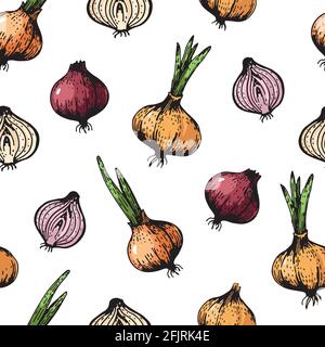 Vector seamless pattern with hand drawn onions, sketch style illustration, red and orange bow on white background. Stock Vector