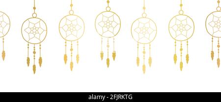 Seamless border dreamcatchers golden metallic foil vector illustration. Hand drawn dream catchers repeating horizontal header pattern. Elegant shiny Stock Vector