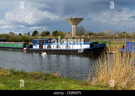 Swan, narrowboat and water tower at the Stainforth and Keadby Canal, Thorne, South Yorkshire, England UK Stock Photo