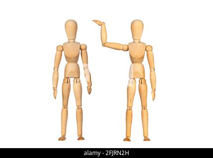 Many wooden mannequin doing differents gestures isolated on a white background Stock Photo