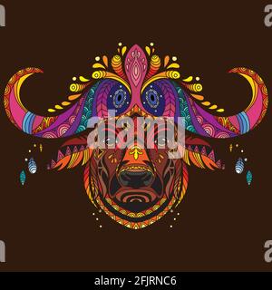 Head of buffalo with doodle and zentangle elements. Abstract vector colorful illustration isolated on brown background. For design,print, decor, tatto Stock Vector
