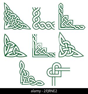 Celtic green corners vector design set, Irish detailed braided frame patterns - greeting card and invititon design elements Stock Vector