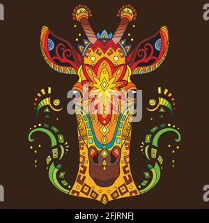 Head of giraffe with doodle and zentangle elements. Abstract vector colorful illustration isolated on brown background. For design, print,decor, tatto Stock Vector