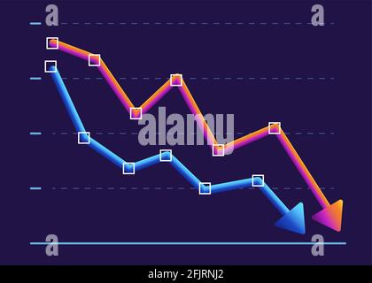 Financial chart with two arrows moving down. Modern design red and blue 3d graphics on dark background. concept of collapse and fall. Vector illustrat Stock Vector