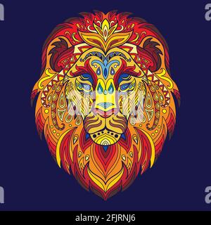 Head of lion with doodle and zentangle elements. Abstract vector colorful illustration isolated on blue background. For design, print, decor, tattoo, Stock Vector