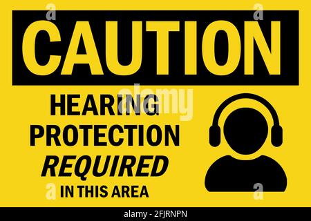 Hearing protection required in this area caution sign. Perfect for backgrounds, backdrop, sticker, label, sign, symbol and wallpaper. Stock Vector