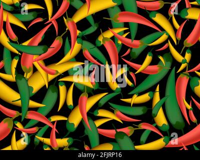 Seamless pattern with red, green and yellow chili peppers on black background. Spicy spice for dishes. Background for menu, wrapping paper and banners Stock Vector