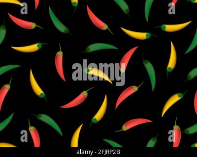 Seamless pattern with red, green and yellow chili peppers on black background. Spicy spice for dishes. Background for menu, wrapping paper and banners Stock Vector