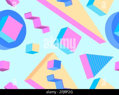 Memphis seamless pattern with 3d isometric geometric shapes in the style of the 80s. Background for promotional products, wrapping paper and printing. Stock Vector