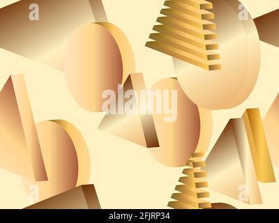 3D geometric shapes with golden gradient. Seamless background with isometric 3d shapes. Triangles and circles. Background for advertising products and Stock Vector