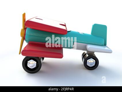 A regular colorful plastic toy aeroplane for toddlers on an isolated white studio background - 3D render Stock Photo