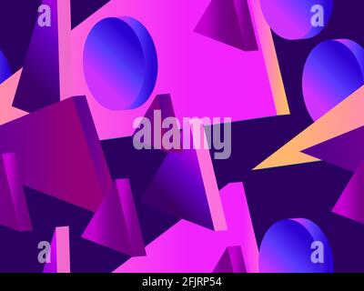 3D geometric shapes with purple gradient. Seamless background with isometric 3d shapes. Triangles and circles. Background for advertising products and Stock Vector