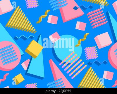 Memphis seamless pattern with 3d isometric geometric shapes in the style of the 80s. Background for promotional products, wrapping paper and printing. Stock Vector