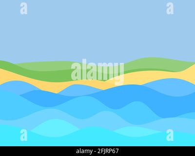 Seashore in a minimalistic style. Wavy landscape from the sea to the shore. Waves and beach in a flat style. Boho decor for prints, posters and interi Stock Vector