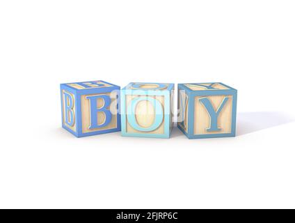 A stack of wooden toy letter blocks in shades of blue set up to spell out the word boy on an isolated white studio background - 3D render Stock Photo