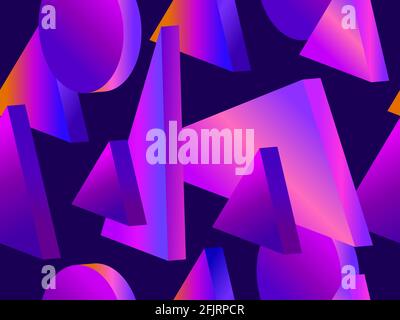 3D geometric shapes with purple gradient. Seamless background with isometric 3d shapes. Triangles and circles. Background for advertising products and Stock Vector