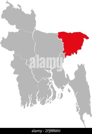 Sylhet division highlighted on Bangladesh map. Gray background. Stock Vector