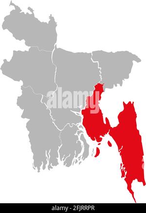 Chittagong division highlighted on Bangladesh map. Gray background. Stock Vector