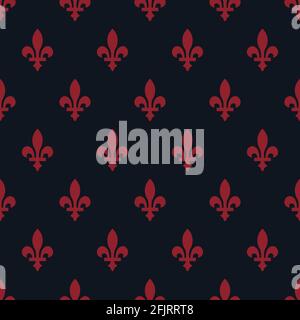 Pink french fleur de lis seamless pattern. Dark blue background. Fabric designs and backgrounds. Stock Vector