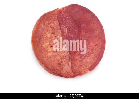 Studio shot of sliced ox tongue cut out against a white background - John Gollop Stock Photo