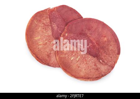 Studio shot of sliced ox tongue cut out against a white background - John Gollop Stock Photo