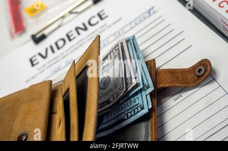 Some hundred dollar notes in a wallet in a crime lab, concept image Stock Photo