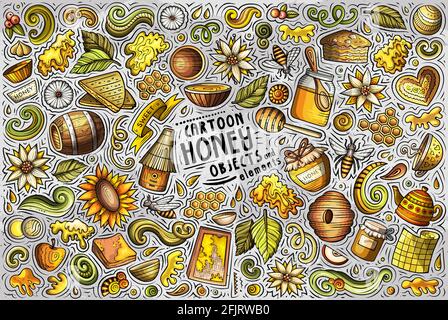 Colorful vector hand drawn doodle cartoon set of Honey theme items, objects and symbols Stock Vector