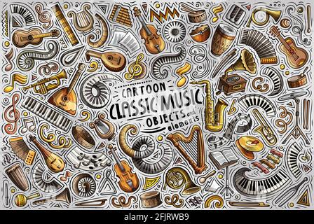 Colorful vector hand drawn doodle cartoon set of Classic Music theme items, objects and symbols Stock Vector