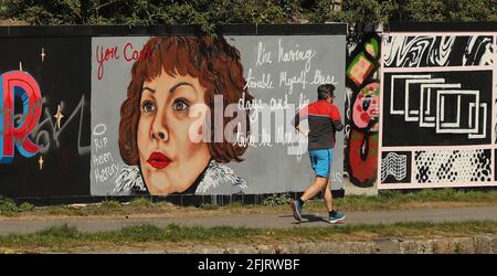 A mural dedicated to Helen McCrory by the artist CHELS (Chelsea Jacobs) in Dublin's Grand Canal Dock. The 52-year-old actress, who was best known for playing Aunt Polly in the BBC gang drama Peaky Blinders and Narcissa Malfoy in the Harry Potter films, died of cancer on April 16. Picture date: Monday April 26, 2021. Stock Photo