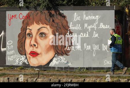 A mural dedicated to Helen McCrory by the artist CHELS (Chelsea Jacobs) in Dublin's Grand Canal Dock. The 52-year-old actress, who was best known for playing Aunt Polly in the BBC gang drama Peaky Blinders and Narcissa Malfoy in the Harry Potter films, died of cancer on April 16. Picture date: Monday April 26, 2021. Stock Photo