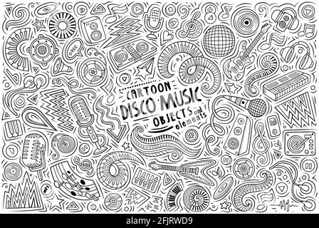 Line art vector hand drawn doodle cartoon set of Disco Music theme items, objects and symbols Stock Vector