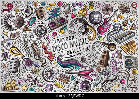 Colorful vector hand drawn doodle cartoon set of Disco Music theme items, objects and symbols Stock Vector
