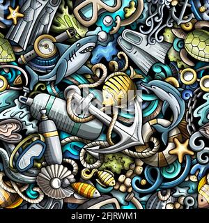 Cartoon doodles Diving seamless pattern. Backdrop with snorkeling symbols and items. Colorful detailed background for print on fabric, textile, phone Stock Vector