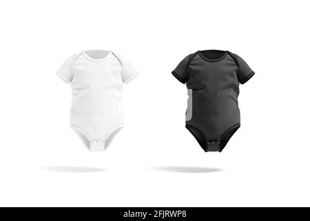 Blank black and white half sleeve baby bodysuit mockup, isolated, 3d rendering. Empty wraparound t-shirt for babe mock up, front view. Clear cotton br Stock Photo