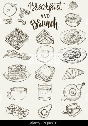 Set of traditional breakfast dishes, bakery and drinks. Stock Vector