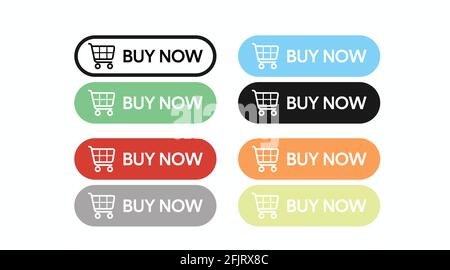Buy Now Icon Set. Vector isolated color illustrations of a button with a shopping cart Stock Vector
