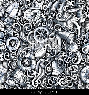 Cartoon doodles Nautical seamless pattern. Backdrop with maritime symbols and items. Monochrome detailed background for print on fabric, textile, phon Stock Vector