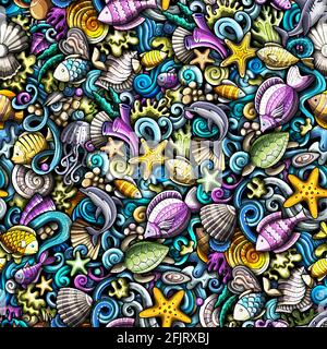 Cartoon doodles Sea Life seamless pattern. Backdrop with underwater symbols and items. Colorful detailed background for print on fabric, textile, phon Stock Vector