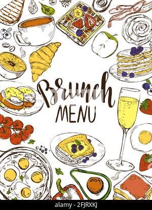 Set of various doodles, hand drawn rough simple breakfast meals sketches. Vector illustration isolated on white background Stock Vector