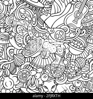 Cartoon doodles Spain seamless pattern. Backdrop with Spanish culture symbols and items. Sketchy detailed, with lots of objects background Stock Vector