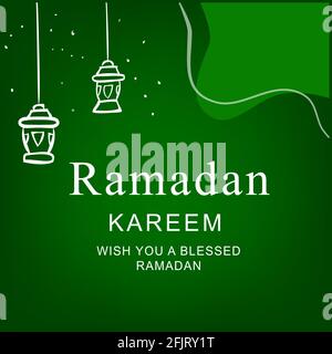 Square Simple Sketch, Ramadan Kareem Greeting, with Lantern, star, abstract shape at Gradient Green Background Stock Vector