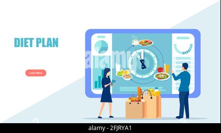 Vector of a man and woman using diet app showing nutrition facts and diet plan. Healthy eating and technology concept Stock Vector