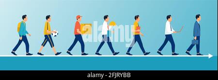 Career development concept. Vector of a young man acquiring new skills achieving new career goals Stock Vector