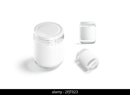 Blank glass jar white label and cap mockup, different views, 3d rendering. Empty transparent glassware can with sticker mock up, isolated. Clear canne Stock Photo