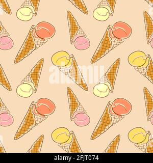 Ice Cream in a waffel cone seamless pattern hand drawing outline and colors vector illustration Stock Vector