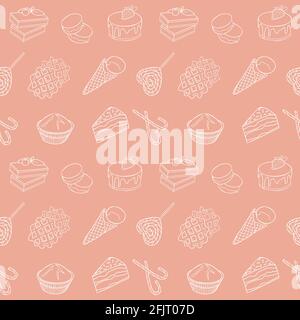 food item black outline hand drawn seamless pattern, set of bakery, sweets collection candy cane, cupcake, macaroon, icecream, pie kitchen design vect Stock Vector