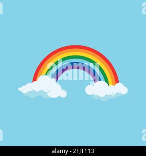 Rainbow and clouds vector icon isolated on blue sky background. Stock Vector
