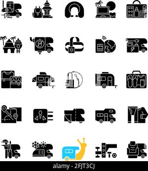 Nomadic vacations black glyph icons set on white space Stock Vector