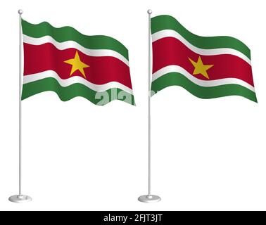 flag Suriname on flagpole waving in wind. Holiday design element. Checkpoint for map symbols. Isolated vector on white background Stock Vector